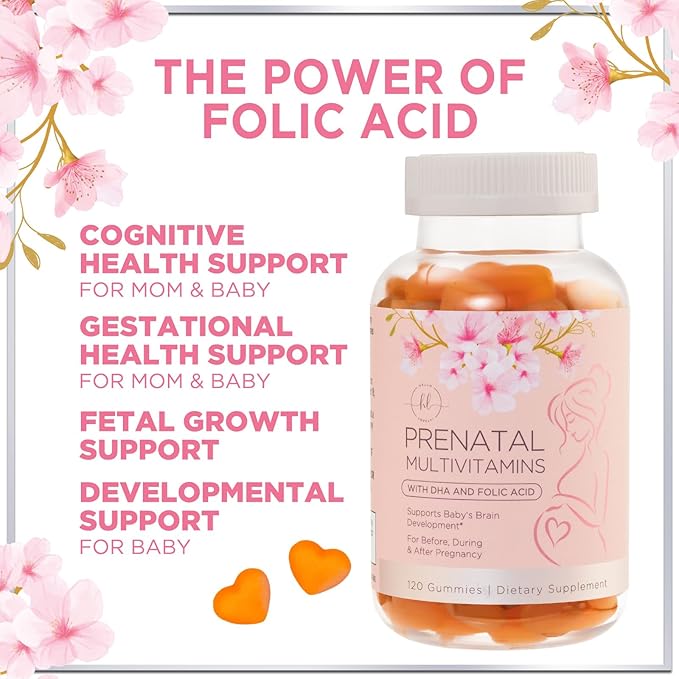 Prenatal Vitamins for Women with DHA & Folic Acid - Best Prenatal Multivitamin Gummies for Women, Brain Development Support, Folate, Vitamin C, D3 & B12, Pre Natal Pregnancy Supplement - 120 Gummies