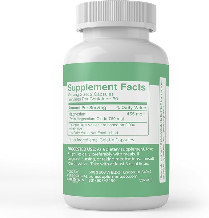 Pure Original Ingredients Magnesium Oxide, (100 Capsules) Always Pure, No Additives Or Fillers, Lab Verified