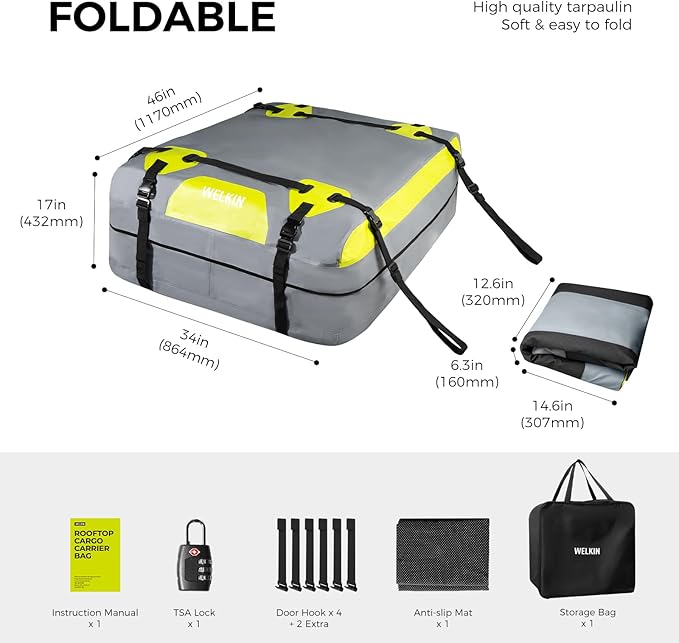 WELKIN Heavy Duty Rooftop Cargo Carrier Bag - 15 Cubic Waterproof Car Roof Bag for All Vehicles with/Without Rack - Includes Anti-Slip Mat, 6 Door Hooks, TSA Lock & Storage Bag - Reinforced Straps