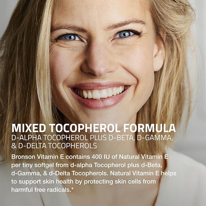 Bronson Natural Vitamin E Complex 400 I.U. Supplement (d-Alpha Tocopherol Plus d-Beta, d-Gamma, & d-Delta Tocopherols), Natural Antioxidant, 250 Softgels
