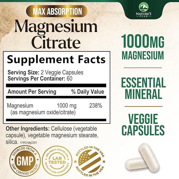 Magnesium Citrate Extra Strength 1000 mg - High Absorption Magnesium Supplement for Muscle, Bone, Nerve & Heart Health Support, Magnesio Vitamin Pills, Non-GMO, Nature's Premium Formula - 120 Capsules