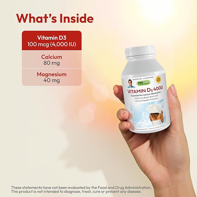 ANDREW LESSMAN Vitamin D3 4000 IU 180 Capsules - High Potency, Essential for Calcium Absorption, Supports Bone Health, Healthy Muscle Function, Immune System, More. Small Easy to Swallow Capsules