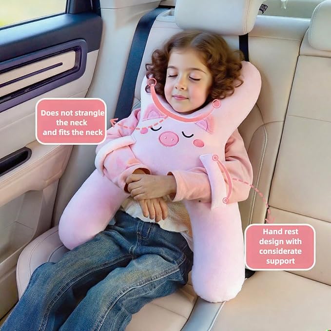 Car Pillow for Travel – Animal-Themed Car Seat Cushion with Safety Belt Protector – 4 Cute Styles: Pig, Dog, Rabbit, Panda (Pig)
