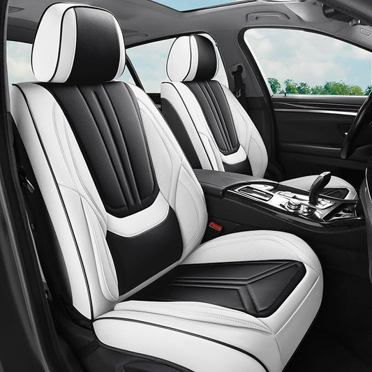 Car Seat Covers, Premium Leather Car Seat Covers, Waterproof and Breathable Seat Covers, Universal Car Seat Protector Fit for Cars, Trucks, SUVs, Pick-ups (Black & White, FullSet)