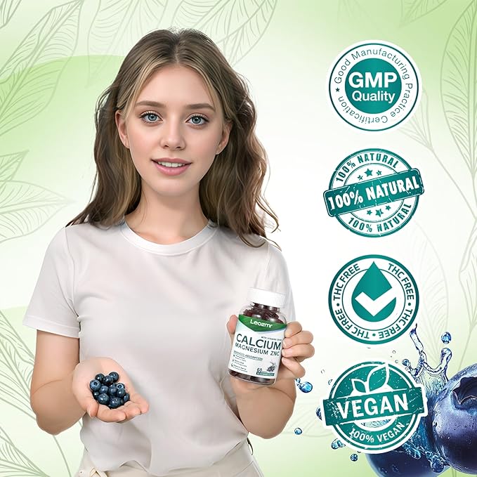 Calcium Magnesium Zinc Gummies with Vitamin D3 & K2 - High Potency Enhanced Absorption -60 Blueberry Gummies Flavored