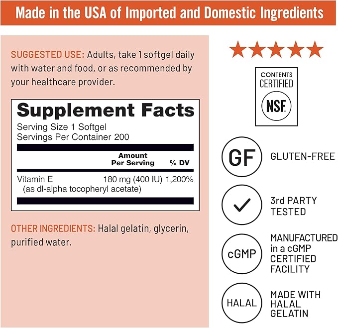 NatureWise Vitamin E 400 IU Softgels (180mg DL-Alpha) - Dairy, Gluten, and Soy Free, Non-GMO Antioxidant Dietary Supplement for Skin, Heart, Eye, and Immune Health Support - 200 Count