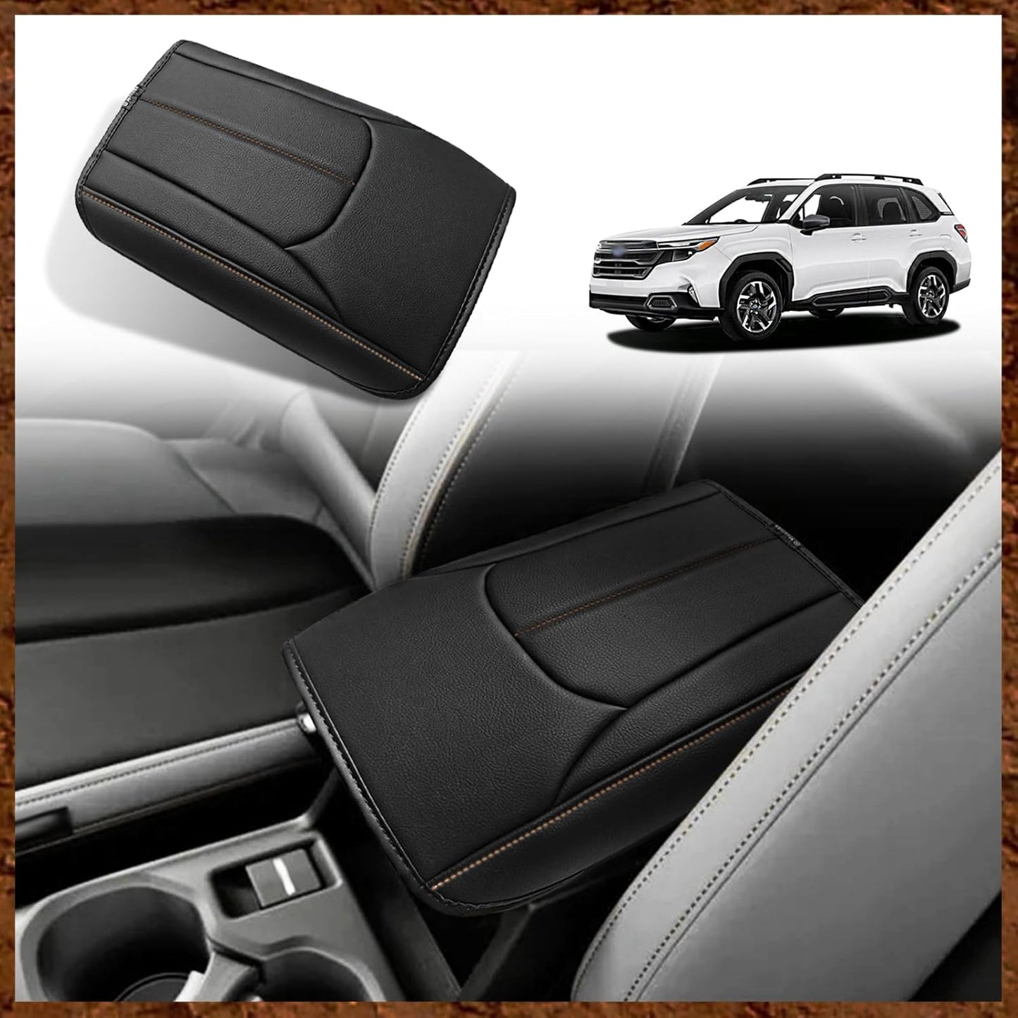 Muslogy Center Console Cover Compatible with Subaru Forester 2025 Accessories Armrest Cover Lid Cushion Protector Anti-Scratch Vegan Leather Extra Soft (Black/Brown Stitching)