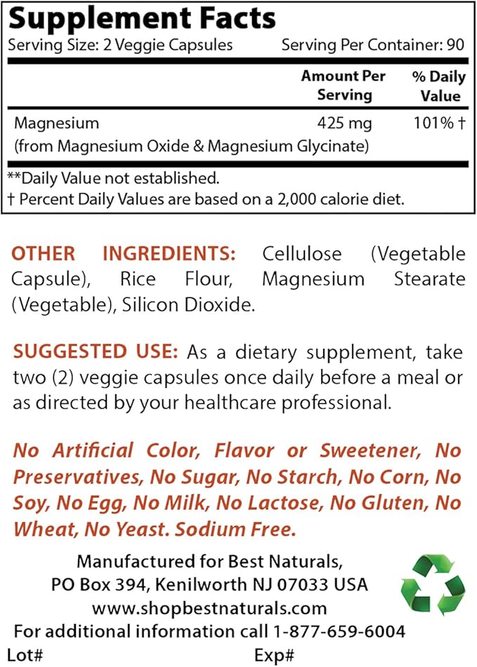 Best Naturals Vitamin B2 (Riboflavin) 400mg & Magnesium Glycinate 425 mg