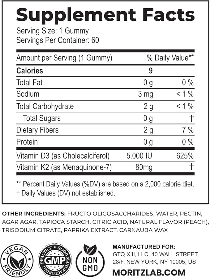 DR. MORITZ Vitamin D3 Gummies (5000 IU) with K2 - for Adults and Kids - Vitamin D3 K2 Gummies for Immune Support & Bone Health - Vegan, Sugar Free, Gluten Free (60 Count)