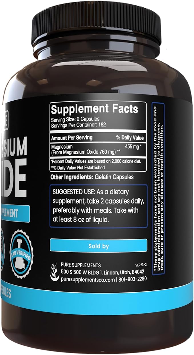 Pure Original Ingredients Magnesium Oxide No Magnesium Or Rice Fillers, Always Pure, Lab Verified (365 Capsules)