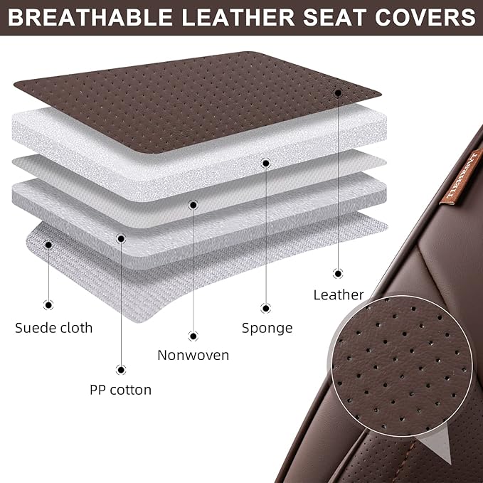 Brown Car Seat Covers Full Set, Breathable Leather Automotive Front and Rear Seat Covers & Headrest for Reduce The Driving Fatigue, Compatible with Most Vehicles, Cars