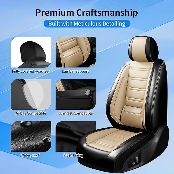 Fit RAV4 Car Seat Covers for Select Toyota RAV 4 2013-2026 /RAV4 Hybrid - Premium Full Coverage Leather, Waterproof & All Weather Seat Cushion Protector, Full Set, Black+Beige