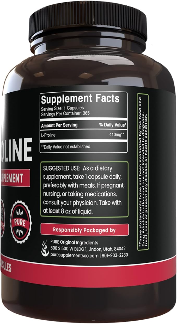 PURE ORIGINAL INGREDIENTS L-Proline (365 Capsules) No Magnesium Or Rice Fillers, Always Pure, Lab Verified