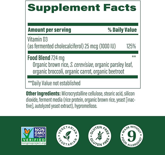 MegaFood Vitamin D3 1000 IU (25 mcg) - Vitamin D Supplements with Real Food, Immune Support, Supports Bones, Teeth & Muscles, Vegetarian, Gluten-Free, Non-GMO, Kosher – 60 Tablets, 60 Servings