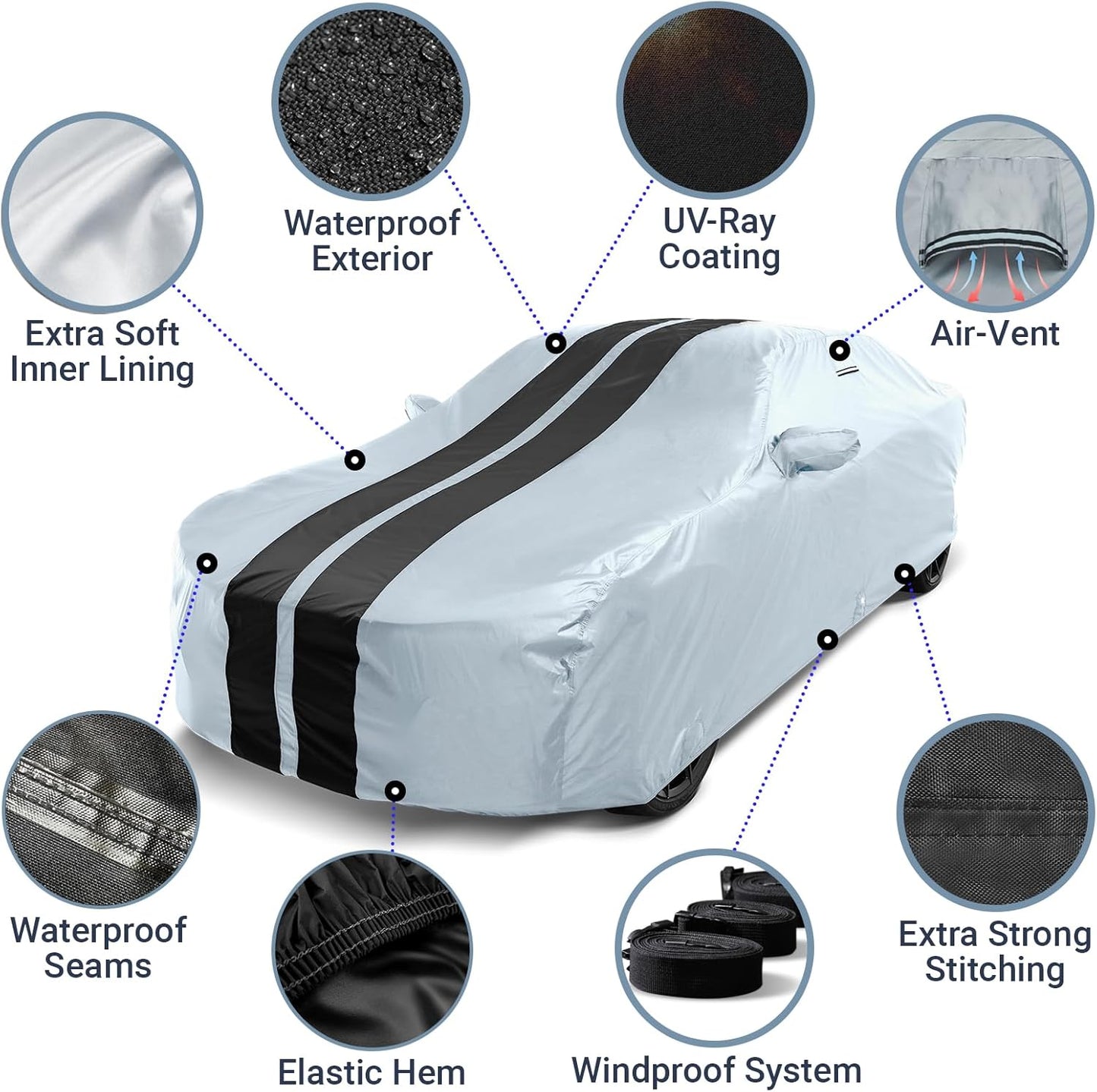 iCarCover Custom Car Cover for Buick Century (1997-2005) Waterproof All-Weather Rain Snow UV Sun Protector Full Exterior Indoor Outdoor Car Cover (Stripe - Gray/Black)