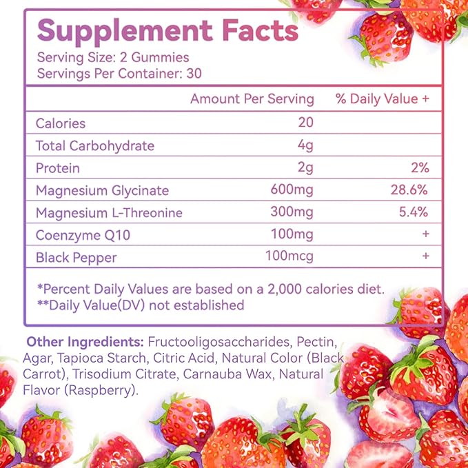 Magnesium Glycinate Gummies 600mg for Women & Men, with Magnesium L-Threonine 300mg, CoQ10 and Black Pepper, Vegan (60 Count)