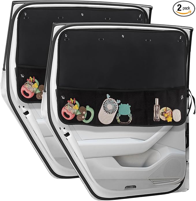 Car Sun Shade Side Window, 2 Pcs Blackout Car Window Shade for Baby Privacy with Storage Net Pockets Auto Curtains 7 Suction Cups for Heat/UV Protection Sun Block Covers