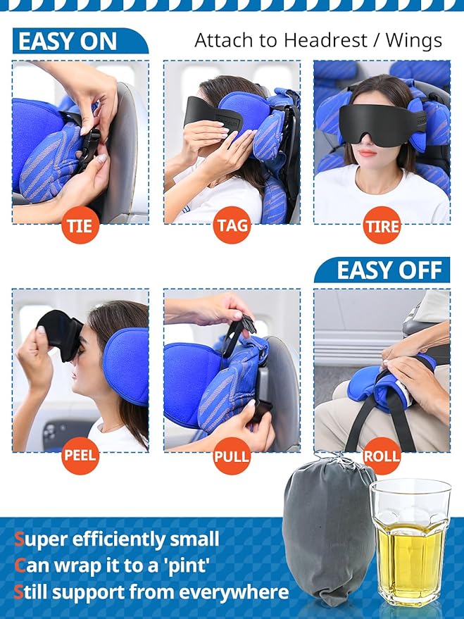Travel Pillows for Airplanes, Airplane Pillow for Long Flight, Airplane Head Strap with Sleep Eye Mask, 360° Headrest for Car Trip, Stop Bobblehead, Mottled Grey