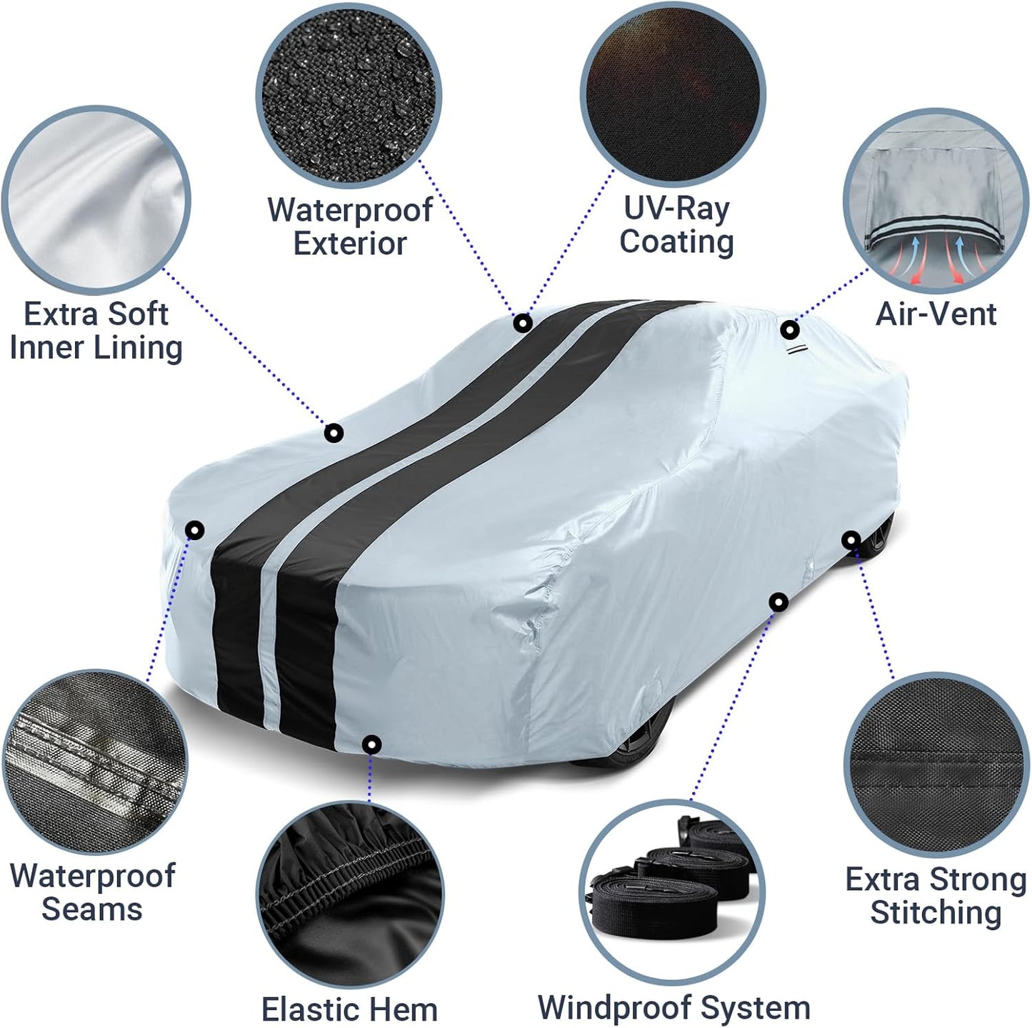 iCarCover Custom Car Cover for Pontiac Phoenix (1977-1979) Waterproof All-Weather Rain Snow UV Sun Protector Full Exterior Indoor Outdoor Car Cover (Stripe - Gray/Black)