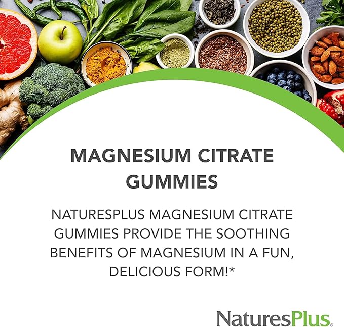 NaturesPlus Gummies Magnesium Citrate - 75 Gummies, Raspberry - Helps Calm The Mind & Body, Supports Bone Density - Vegetarian, Gluten Free, Non-GMO - 25 Servings