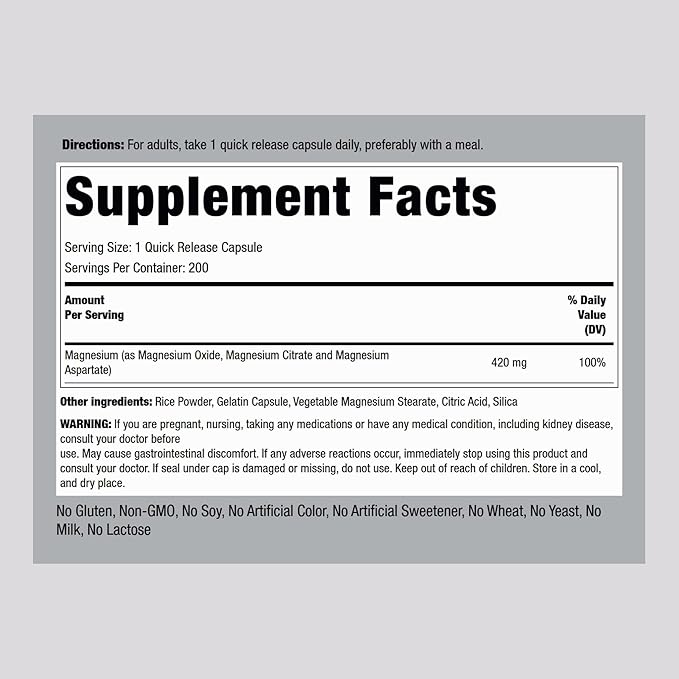 Piping Rock Triple Magnesium Complex | 420 mg | 200 Capsules | Magnesium Oxide, Citrate, and Aspartate Supplement | Non-GMO, Gluten Free