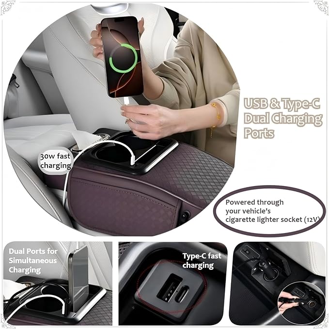 2026 Enhanced Car Center Console Armrest Cushion with USB& Type-C Charging, PU Leather Console Pad with Cup Holders, Storage& Tissue Outlet for Most Vehicles (Sloped Version, Plum Purple)