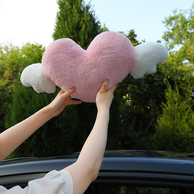 2 Pack Heart Shaped Cute Car Headrest Pillow with Angel Wings - Comfortable Soft Head Rest Cushion Kawaii Car Accessories Neck Pillow for Driving Travelling Office Home Decor - Black Love Heart