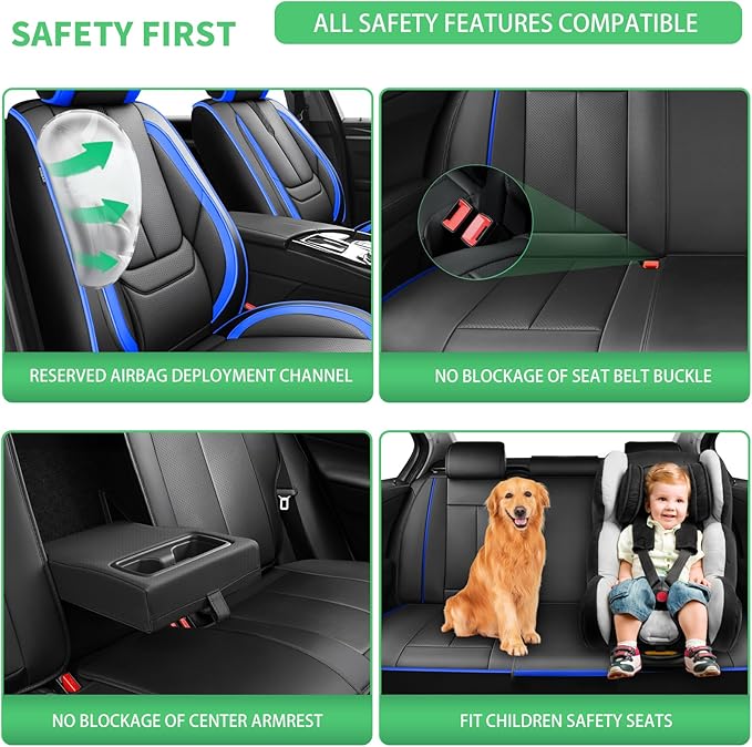 Fit Kona Car Seat Covers for Hyundai Kona 2018-2024 2025 2026 -Upgraded Premium Waterproof & Breathable Leather,Airbag Compatible,All-Weather Seat Cushion Protector,Full Set,Black-Blue