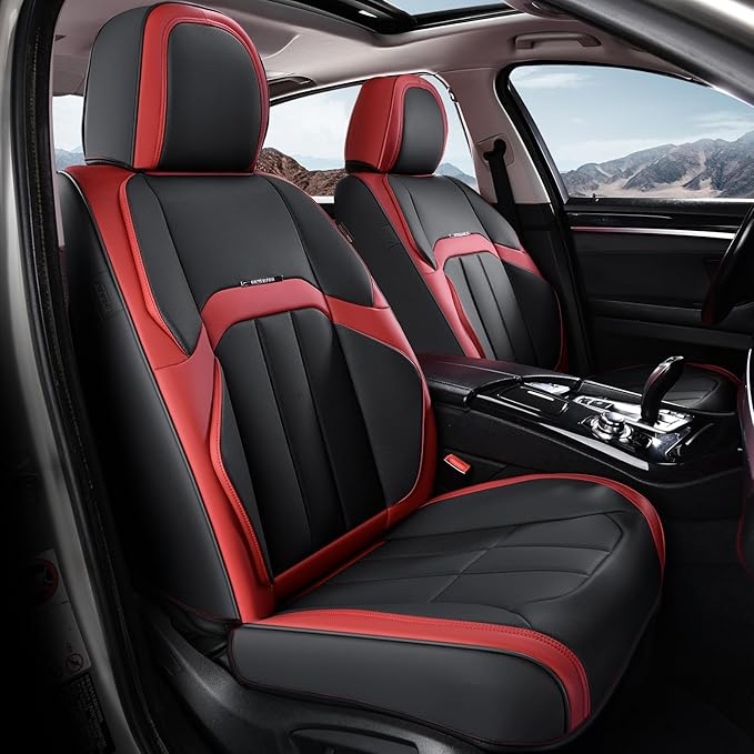 Coverado Car Seat Cover, Cover for Cars Front Seat, Premium Leather, Universal Fit Waterproof Seat Protectors, Car Seat Cushion Non-Slip for Most Cars-Black Red