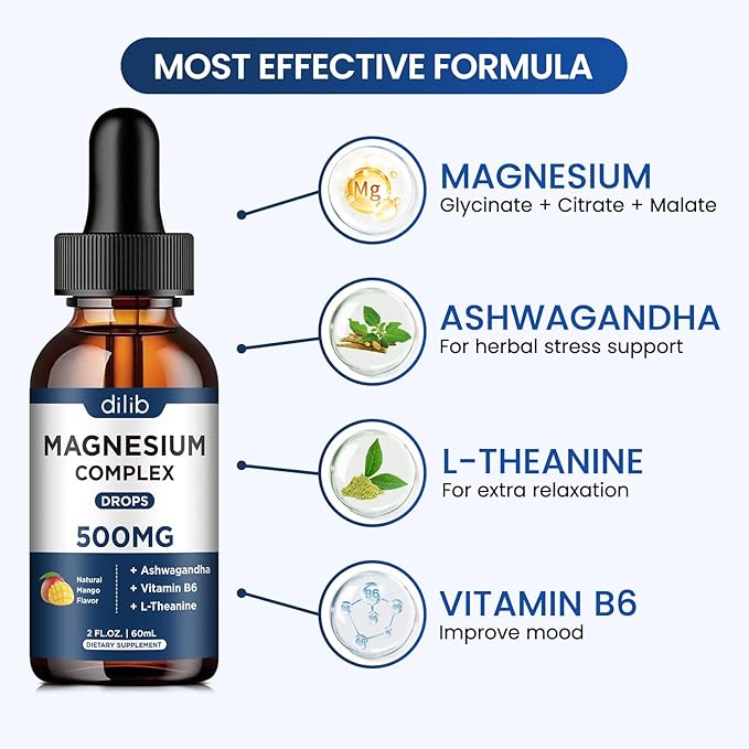 Magnesium Glycinate Liquid Drops 500mg - Triple Magnesium Complex Supplement with Citrate, Malate, Ashwagandha, L-Theanine, Vitamin B6 for Sleep, Mood, Stress Relief, Muscle, Mango Flavor 2 Fl Oz