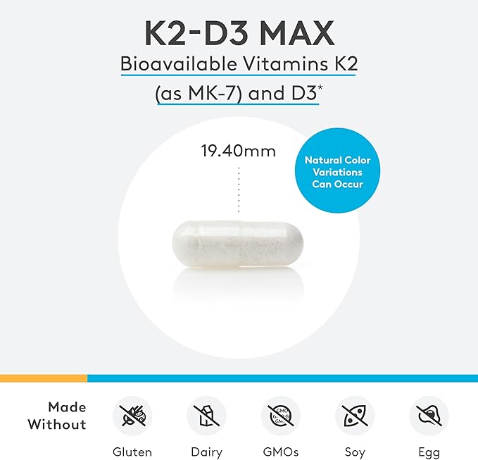 XYMOGEN K2-D3 Max - Vitamin D3 K2 with 180mcg VIT K Per Capsule - Bioavailable Vitamin D 5000 IU (Cholecalciferol) with Vitamin K2 MK-7 - Bone Health + Immune Support Supplement (60 Capsules)