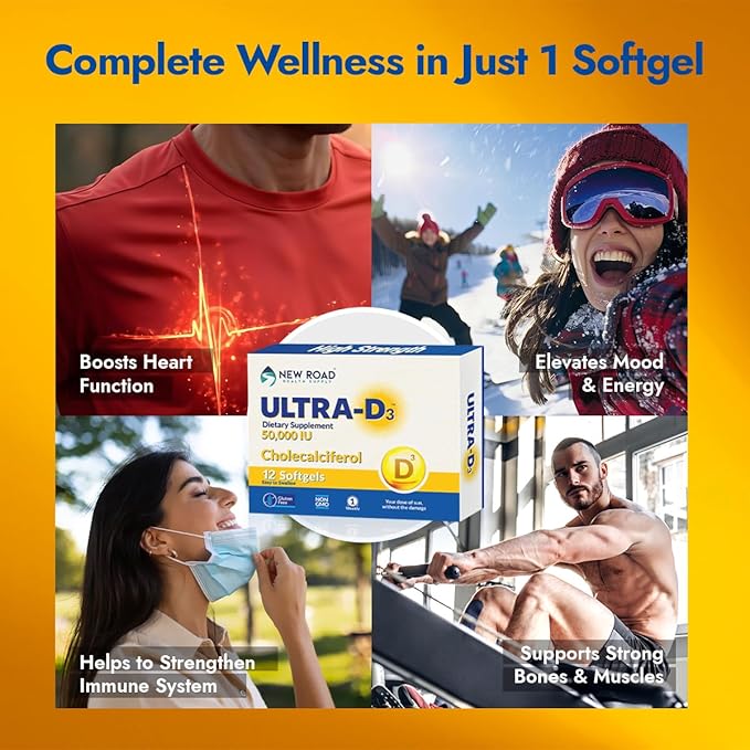 New Road Health Supply - Vitamin D 50000 IU, Once Weekly Dose, Easy to Swallow Vitamin D Softgel for Bones, Teeth, and Immune Support, Gluten Free,12 Count