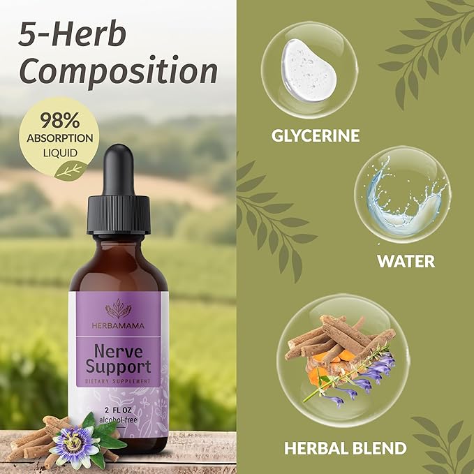 HERBAMAMA Herbal Liquid Drops Kit - Bundle of Nerve Support & Adrenal Support Liquid Complex Drops 2 fl oz - Vegan, Non-GMO, Sugar & Alcohol-Free - 2 Pack