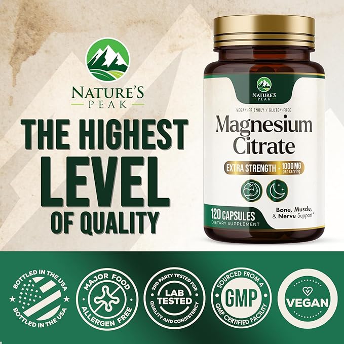 Magnesium Citrate Extra Strength 1000 mg - High Absorption Magnesium Supplement for Muscle, Bone, Nerve & Heart Health Support, Magnesio Vitamin Pills, Non-GMO, Nature's Premium Formula - 120 Capsules