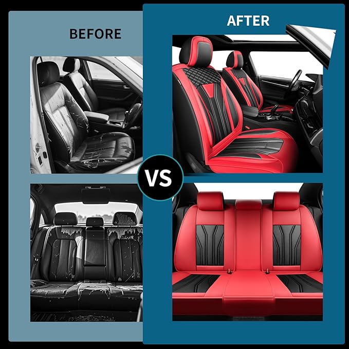 Fit Frontier Car Seat Covers Premium Leather for Nissan Frontier 2009-2025 2026. Waterproof， Breathable, Scratch-Resistant & All-Weather Seat Cushion Protector（Front Seat,Red&Black