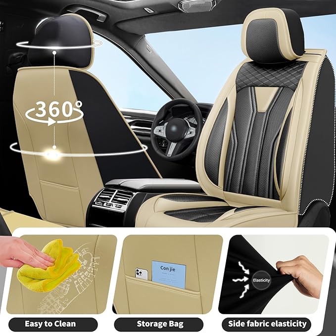 Fit Tucson Car Seat Covers Premium Leather for Hyundai Tucson 2010-2025 2026. Waterproof， Breathable, Scratch-Resistant & All-Weather Seat Cushion Protector (Full Set, Beige&Black)