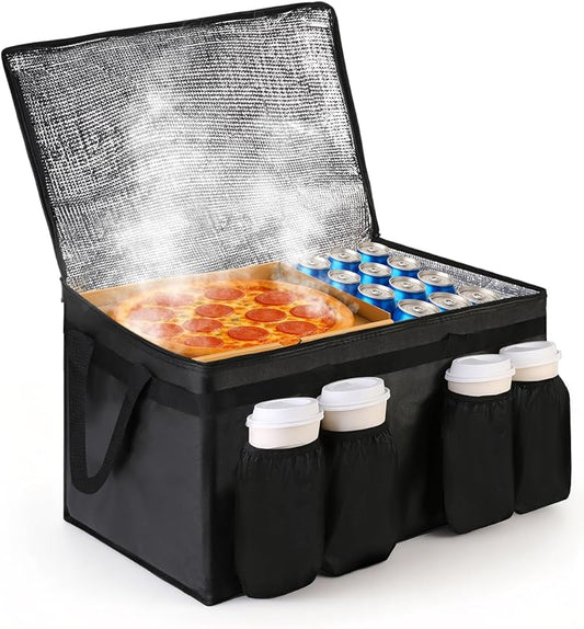 Bodaon Insulated Grocery Bags with 4 Cup Holders -Insulated Bags for Food Delivery with Zippered Top, Food Carrier for Catering, Pizza Bag and Cooler Bag for Takeout, Picnic, Shopping, Car Use