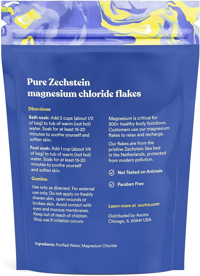 ASUTRA Magnesium Chloride Bath Flakes, 2 lbs - for Relaxing Foot & Body Soaks, Epsom Salt Alternative, Rapid Absorption