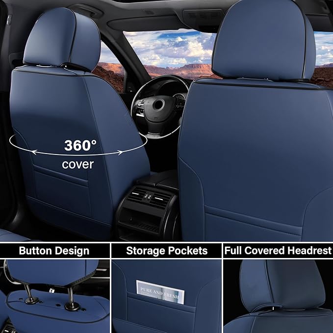 Coverado Car Seat Covers Front, Seat Covers for Cars, Waterproof Car Seat Cushions, 2-Pack Leather Carseat Seat Protectors, Universal Seat Covers Fit for Most Sedans SUV Pick-up Trucks(Blue&Black)