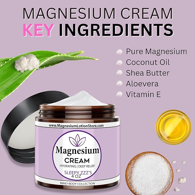 Magnesium Cream with Sleepy Zzz’s Essential Oil Scent – Hydrating & Dreamy Aroma, 4 oz USA Made
