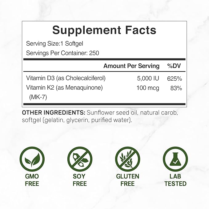 DEAL SUPPLEMENT Vitamin D3 K2 Softgel, 250 Count, 2-1 Complex, Vitamin D3 5000 IU & Vitamin K2 MK7, Promotes Heart, Bone & Teeth Health – Easy to Swallow