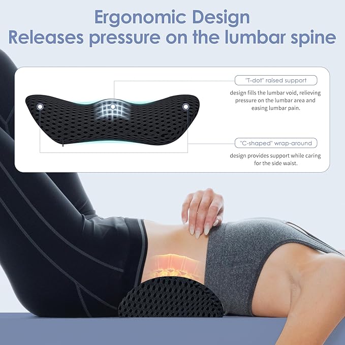 Lumbar Support Pillow, Back Pillow for Low Back Pain Relief, Ergonomic Streamline Car Seat, Office Chair, Recliner and Bed (Black)