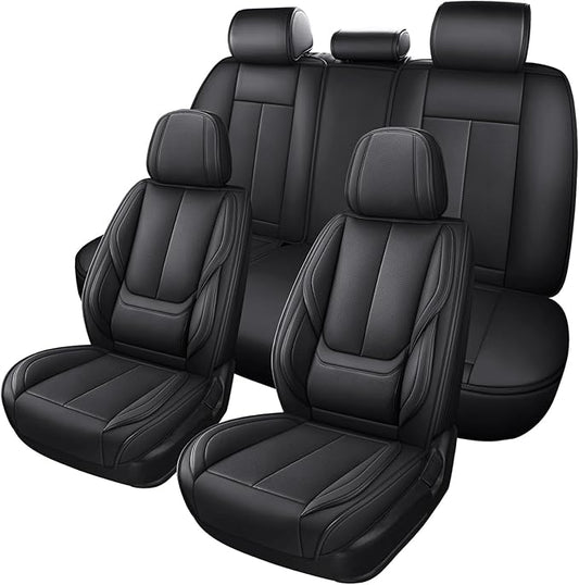 Black Car Seat Cover with Lumbar Support, Car Seat Protector Waterproof, Nappa Leather Car Seat Cushion, Car Seat Covers Front Seats and Back Fit for Most Cars