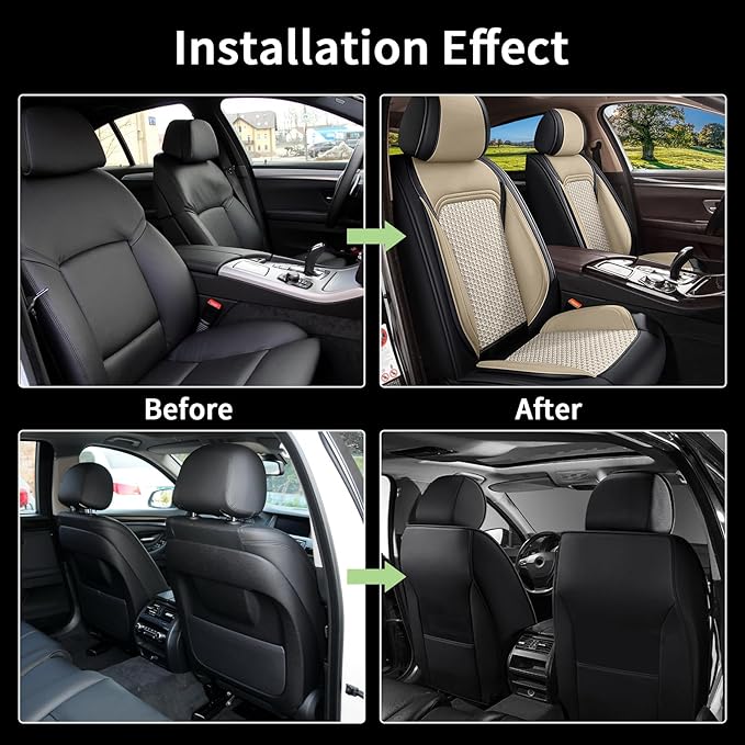 Car Seat Covers Front Seats for Toyota Camry 2012-2025 2026, Breathable Cooling Ice Silk Leather Car Seat Covers, 2 Seats Vehicle Seat Protector Seat Cushion Auto Accessories (Black&Beige)