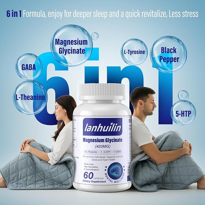 6-in-1 Magnesium Complex, 420mg Pure Magnesium Glycinate, Magnesium Supplement with GABA, 5-HTP, L-Theanine, L-Tyrosine, Vegetarian & High Absorption, 60 Capsules