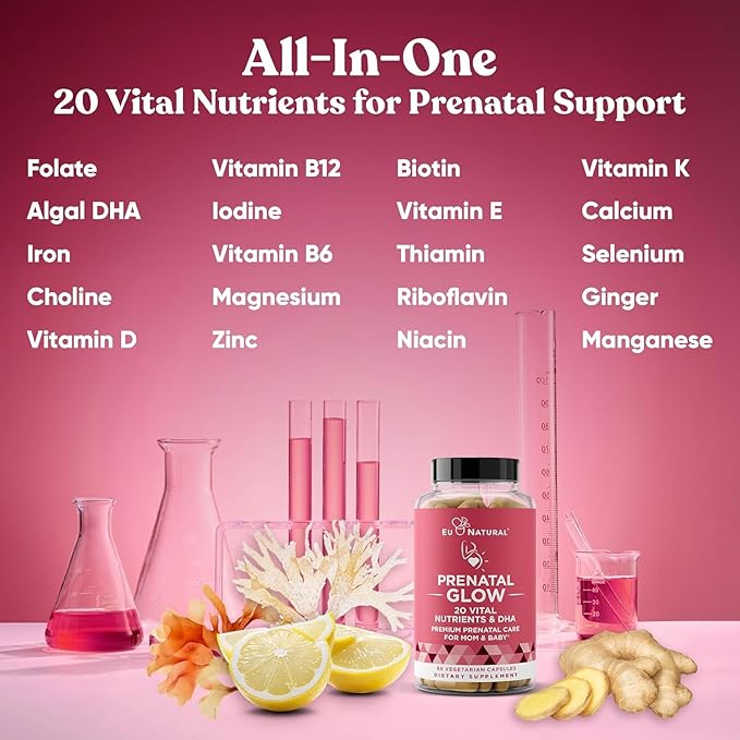 Glow Prenatal Vitamins for Women – 20-in-1 Vital Nutrients for Healthy Pregnancy and Fetal Development – Folic Acid & Vegan DHA For Baby's Growth & A Comfortable Pregnancy – 60 Nourishing Capsules