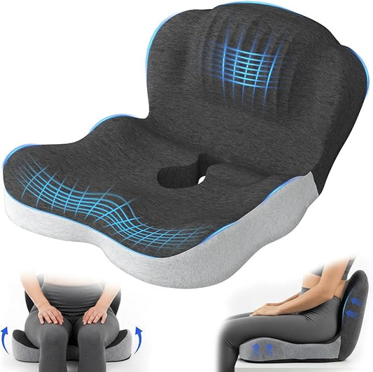 Urban Deco Memory Foam Seat Cushion, Office Chair Seat Cushion with L-Shaped Design, Ergonomic Back and Seat Pad Cushion for Car, Driving, Office, Black+Grey