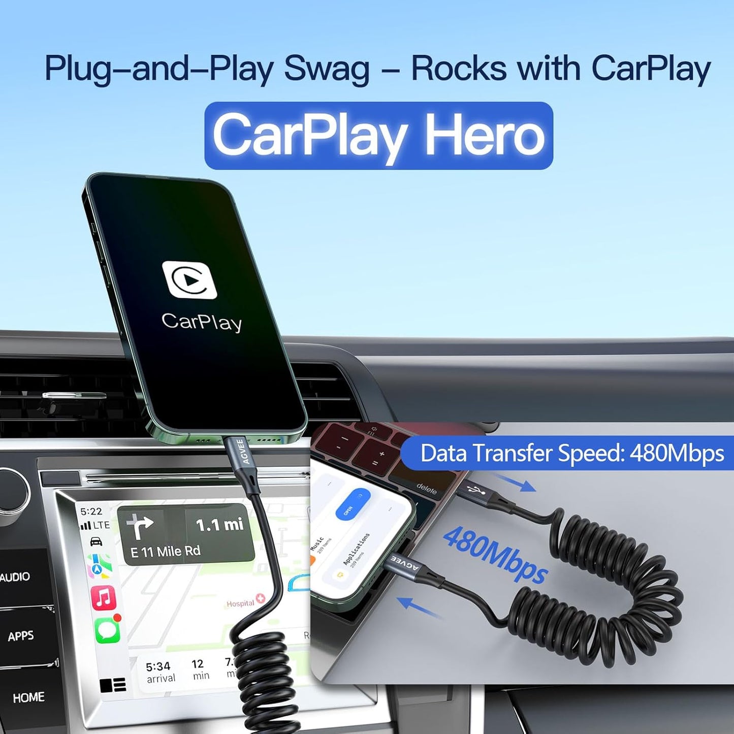 AGVEE 3ft Coiled Short USB-C to USB-C Charging Cable [USB-IF Certified] 60W PD Fast Charger Cord in Car for iPhone 16/15 CarPlay, Galaxy S25 S24 S23 S22 S21 S10 S9 S8, Google Pixel, Dark Gray