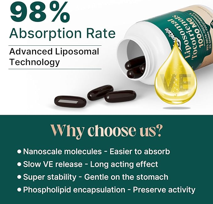 Vitamin E Tocotrienols - Liposomal Vitamin E Oil 1000mg, Highly Absorbable Delta Tocotrienol and Gamma Tocotrienol, 60 Softgels