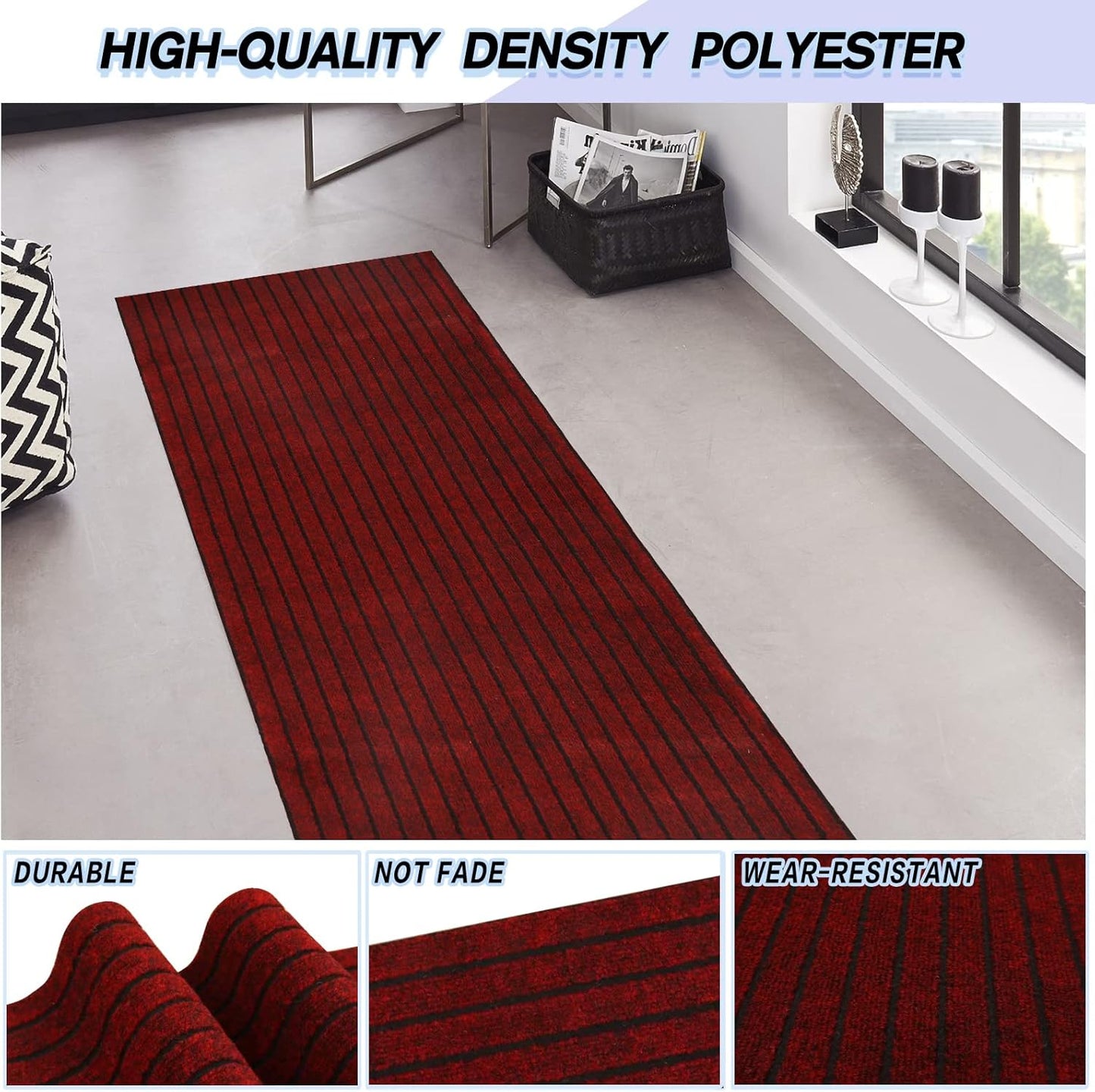 Custom Size Backed Non-Slip Area Rugs Runner, Easy Clean, Waterproof Runner Rugs for Hallway Entryway, Kitchen, Laundry, 2FT x 68FT, Red Stripe